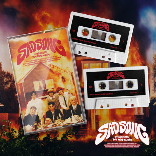 Two cassettes and a cover with 'SADSONG' branding on a fiery background
